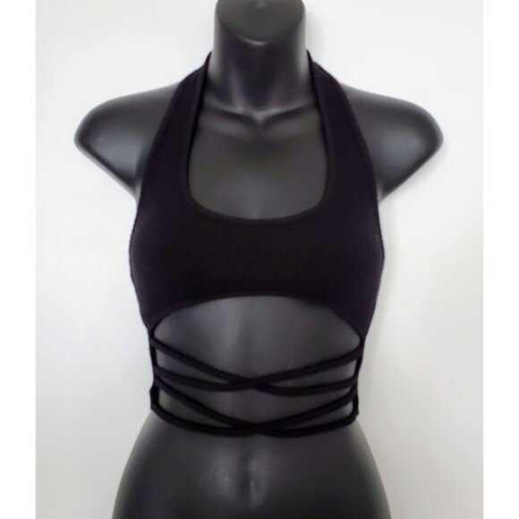 NWT Tiger Mist Black Halter Tank Bandage Top Cropped Strappy Midriff Size XS - Picture 2 of 11